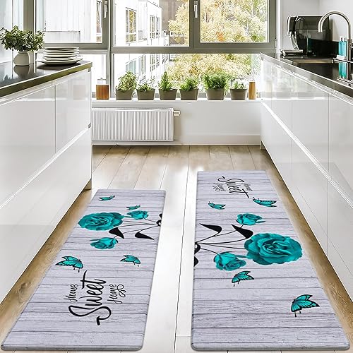 Miniatura 5 de Ikfashoni Juego de 2 tapetes de cocina largos con diseño floral, antifatiga, antideslizante, impermeable, cómodo, tapete de cocina de granja para