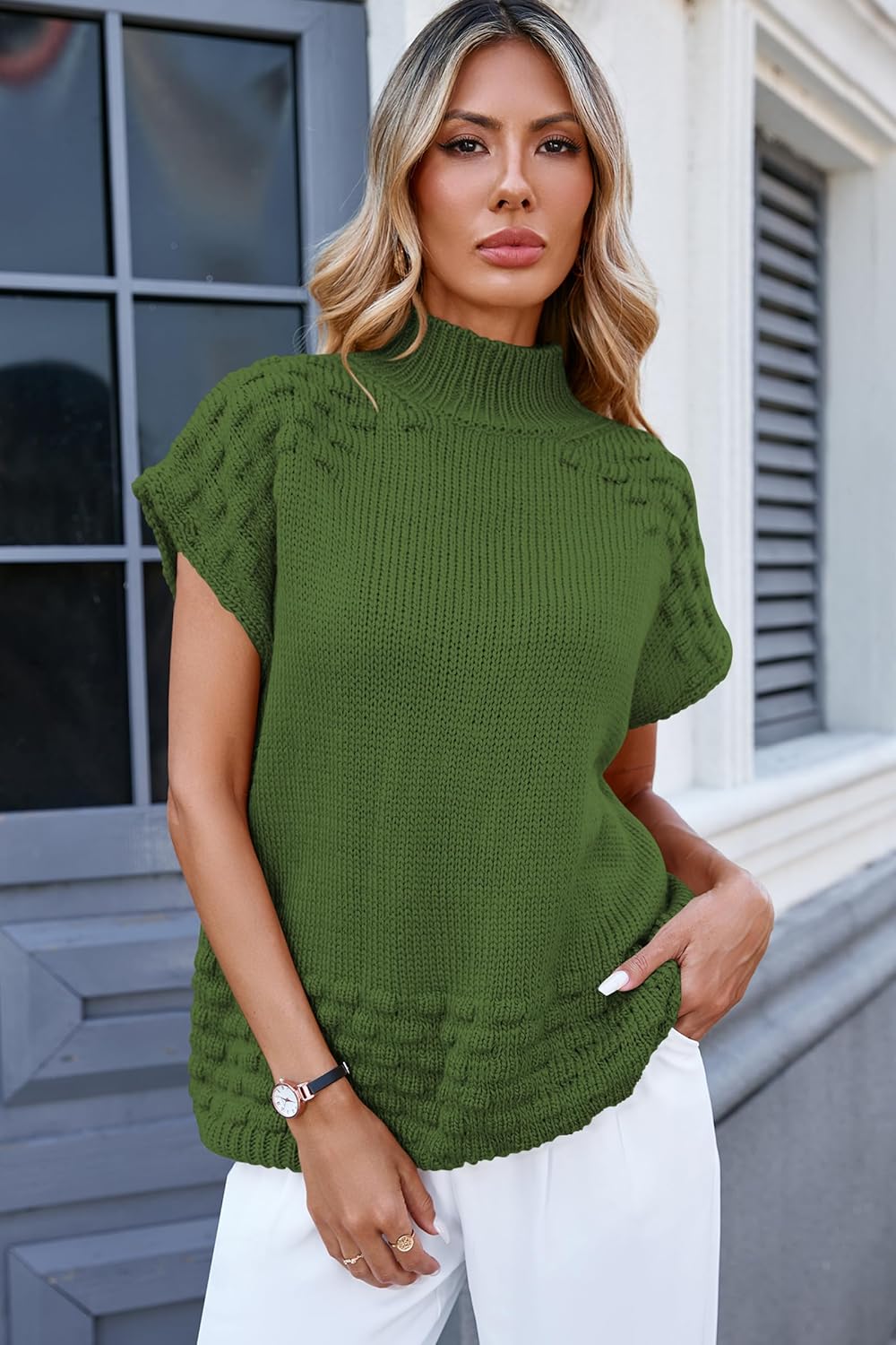 Cakulo Womens Oversized Sweater Vest Short Sleeve Mock Neck Fall Outfits Sleeveless Pullover Sweaters 2025 - Image 4