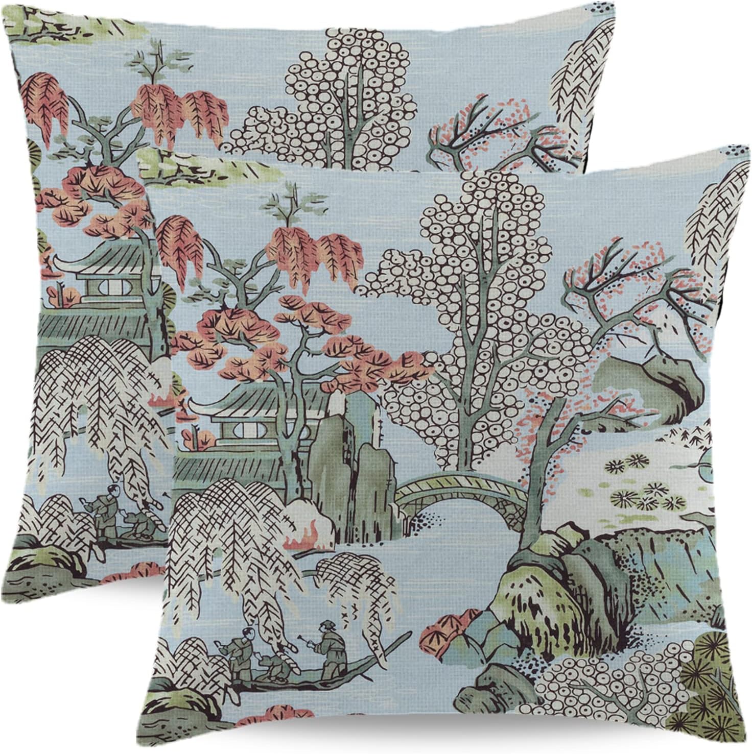 Wsunsal Chinoiserie Pillow Cover 16x16 Inch Set of 2, Asian Scenic Coral Green Blue Throw Pillows Farmhouse Chinoiserie Decorative Pillowcase Linen Cushion Cover for Home Sofa Bedroom Outdoor