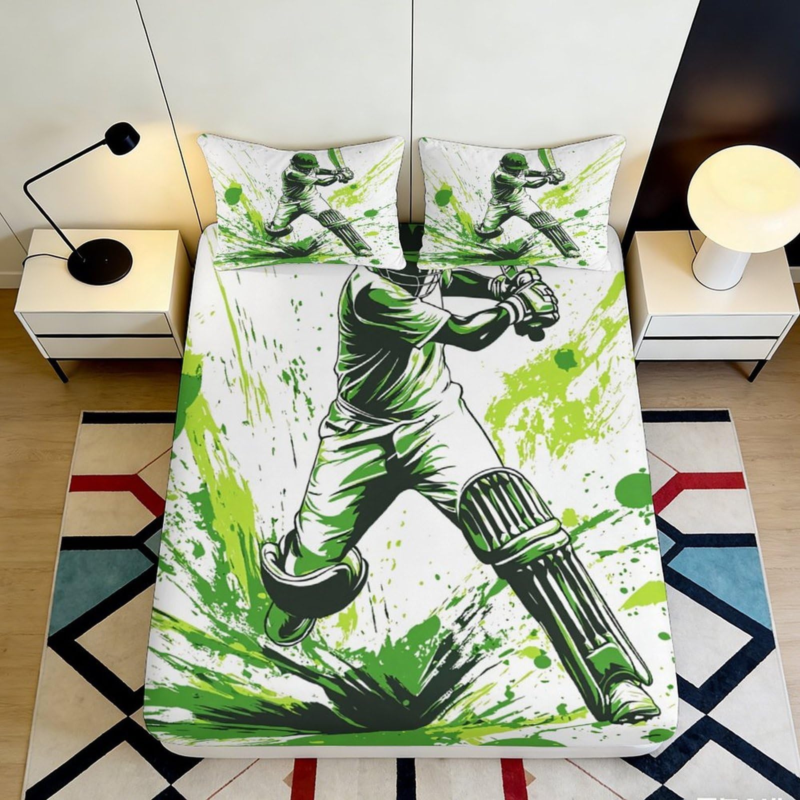 3D Printed Cricket Player Fitted Sheet Microfiber Soft Green Splash Bed Sheet for Bedroom Guest Room Decor 90x200x25cm