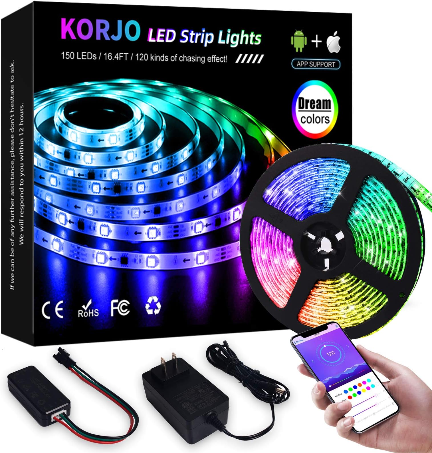KORJO Dream Color LED Strip Lights, 16.4ft/5M Bluetooth LED Chasing Light with APP, Waterproof 12V 150 LEDs 5050 RGB Color Changing Rope Light Kit, Flexible Led Strip Lighting for Home Kitchen