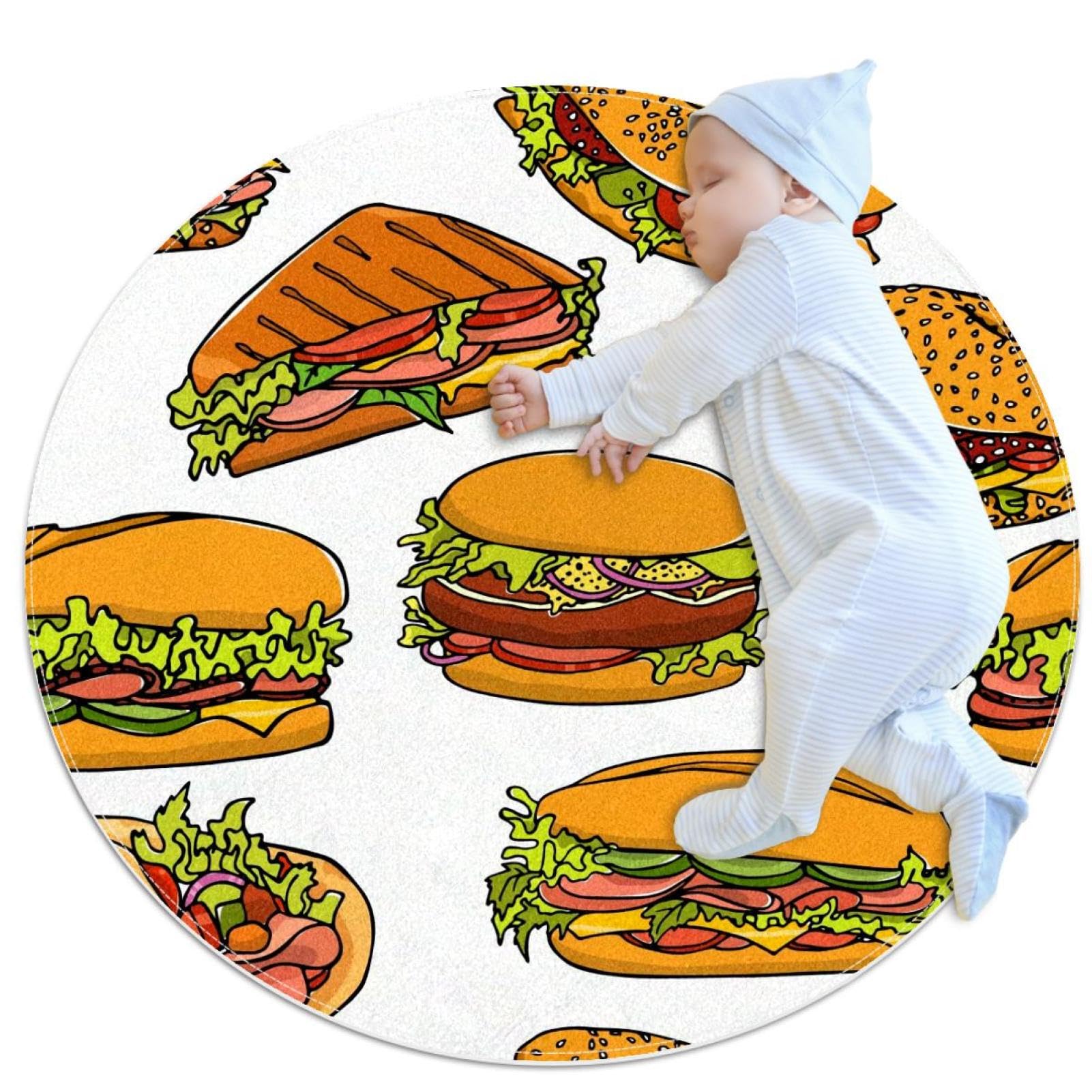 Tapis de salle de bain sécurisé rond motif tacos et burger pour chambre d'enfant