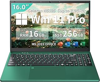 Fsjun【Win 11 Pro/Office 2019 16 inch Laptop with FHD(1920 * 1200) IPS Display, Celeron N5105 CPU(2.0 to 2.9GHz), 16GB DDR4 RAM, 256GB SSD, Full-Size Backlit Keyboard (16G+256GB SSD, Dark Green)
