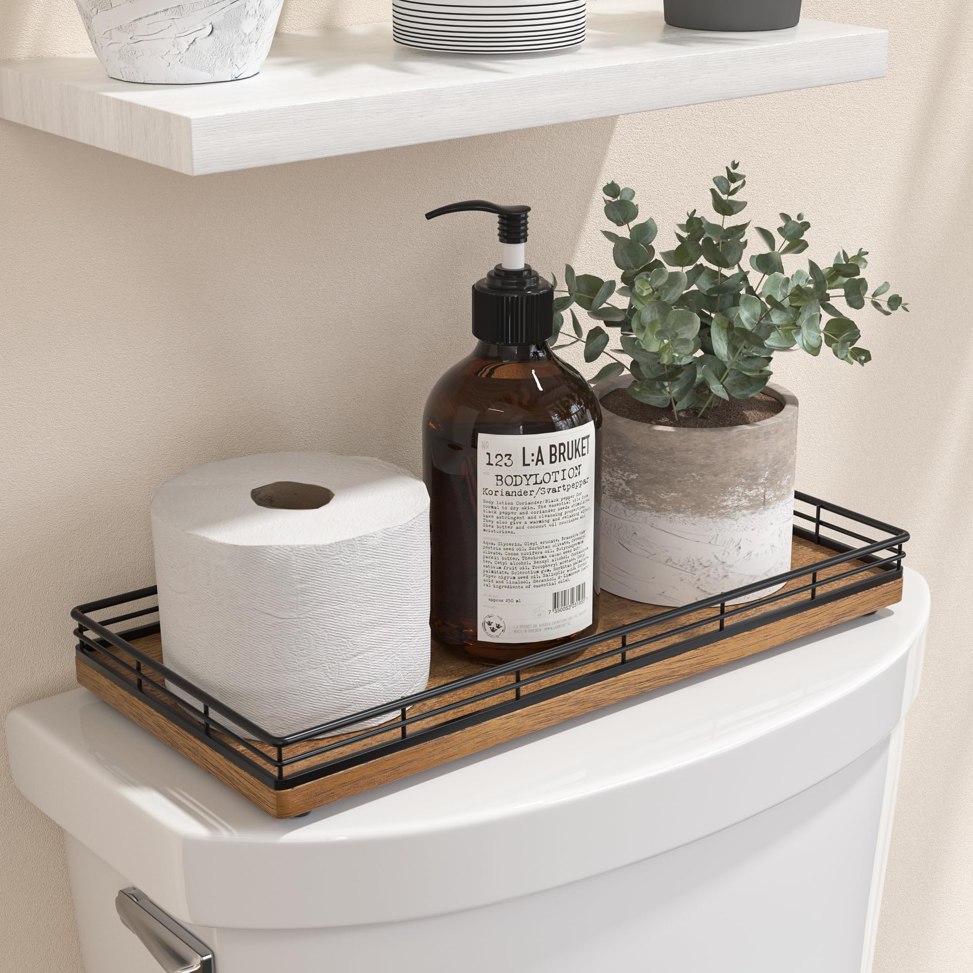 Bathroom Toilet Tank Tray, 13" Wood Toilet Paper Storage Basket Tray Back of Toilet Basket Organizer,Vanity Tray for Perfume Makeup Candle Decor, Black &amp; Farmhouse Brown