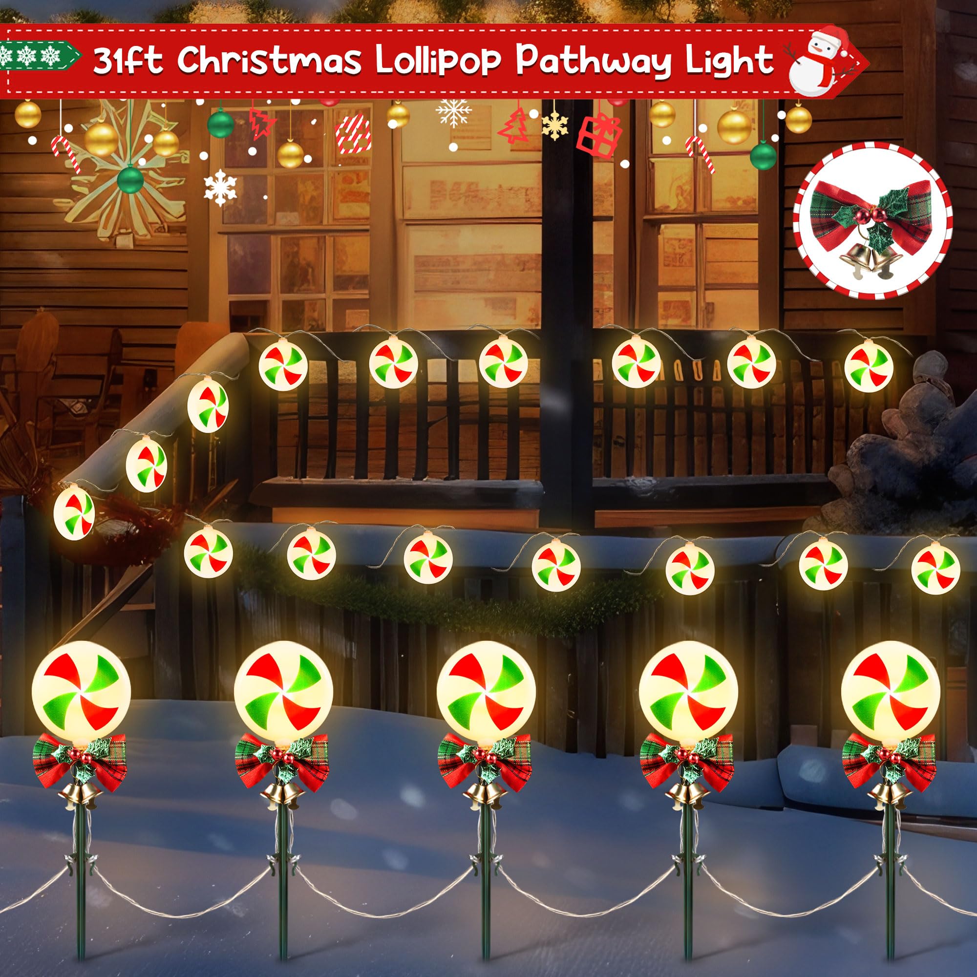 Hiboom Solar Christmas Lollipop Pathway Lights Outdoor, 8 Modes Peppermint Walkway String Lights 30 LEDs Waterproof Candy Stake Lights for Xmas Holiday Party Walkway Patio Garden Decor