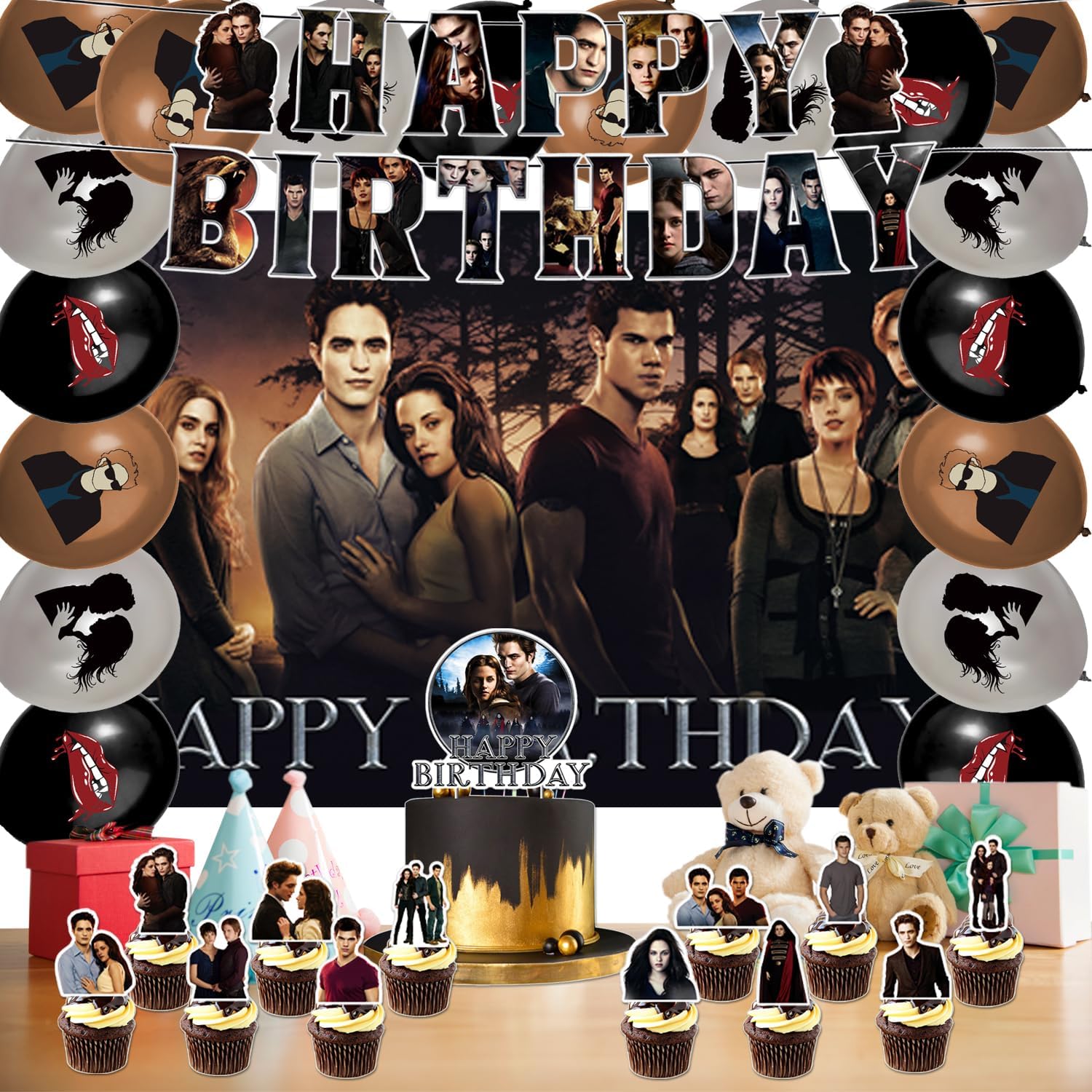 42Pack Saga of Twilight Party Supplies Pack Includes，Banner，Cake Topper，Blackdrop,Balloons for Saga of Twilight party Decoration