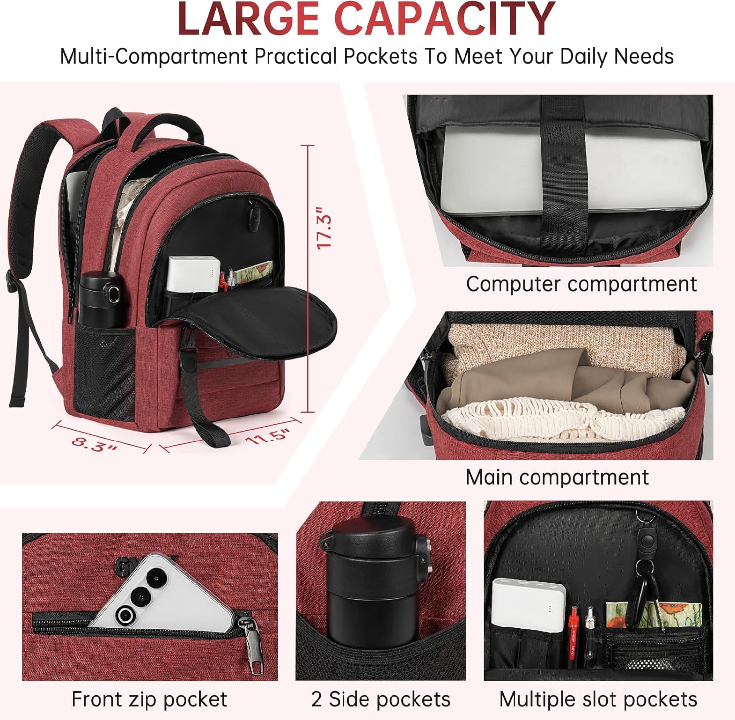 GMAK Travel Laptop Backpack for Men & Women, Business Anti Theft Laptops Backpacks with USB Charging Port, Fits 15.6 Inch Notebook, Water Resistant College School Computer Bag for Travel Sports, Red - Image 2