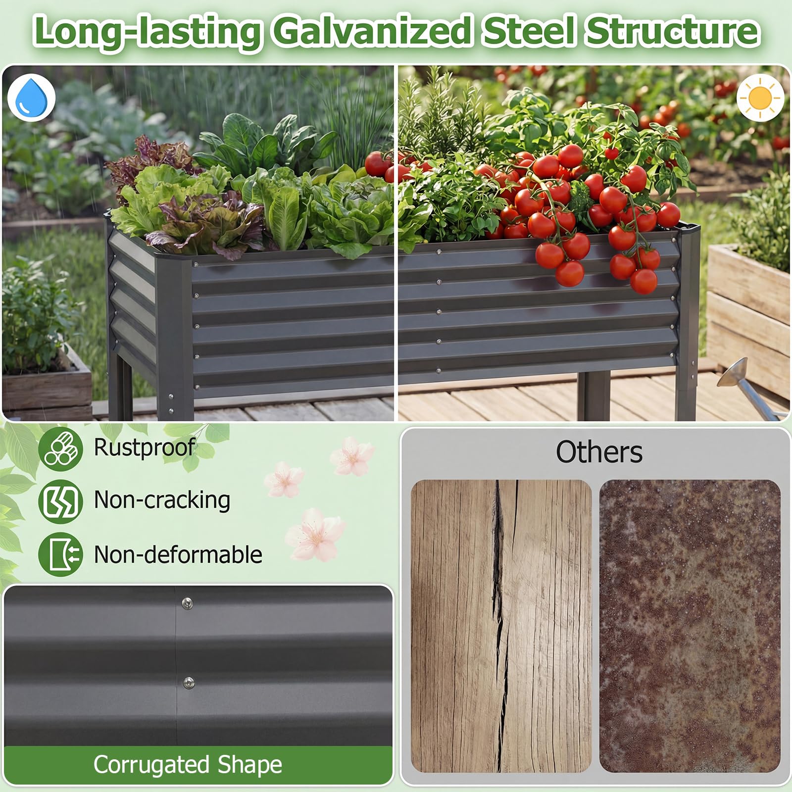 FANTASK Aiuola rialzata in metallo, 118 x 60 x 77,5 cm, con sistema di drenaggio fino a 50 kg, aiuola rialzata per verdure, frutta, fiori, erbe, aiuola rialzata per balcone, giardino, terrazza (grigio