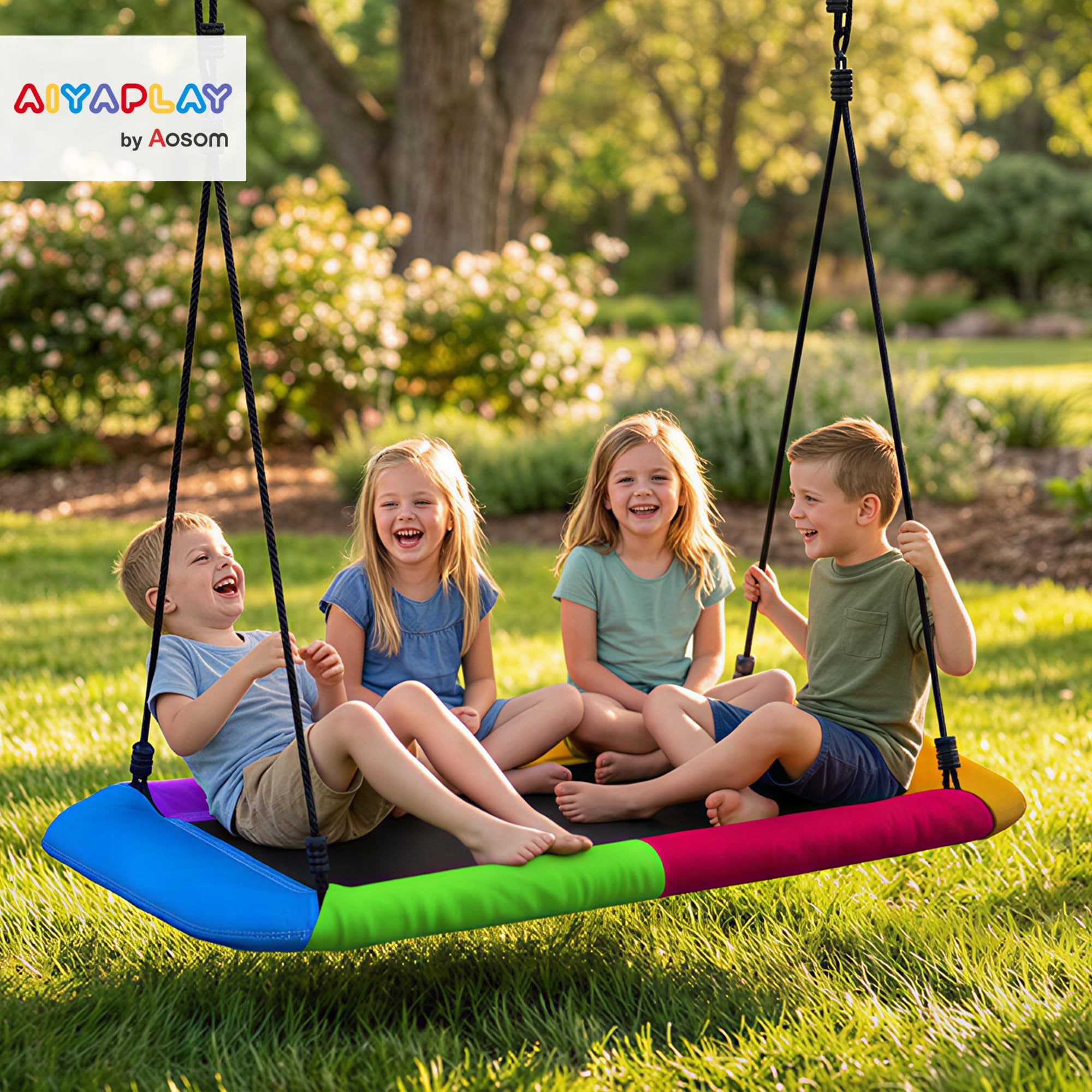 AIYAPLAY Columpio nido, altura ajustable, 148 x 77 cm, hasta 300 kg, columpio de jardín con cuerdas ajustables, columpio para niños de 3 a 8 años, para niños de 3 a 8 años, para exterior e interior