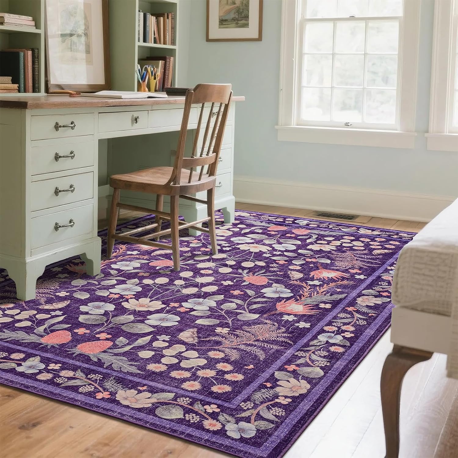 Przemy Area Rugs for Living Room, 4x6 Washable Rug Floral for Kid's Bedroom, Non Slip Rustic Carpet for Office Bedside Entryway Kitchen, Purple
