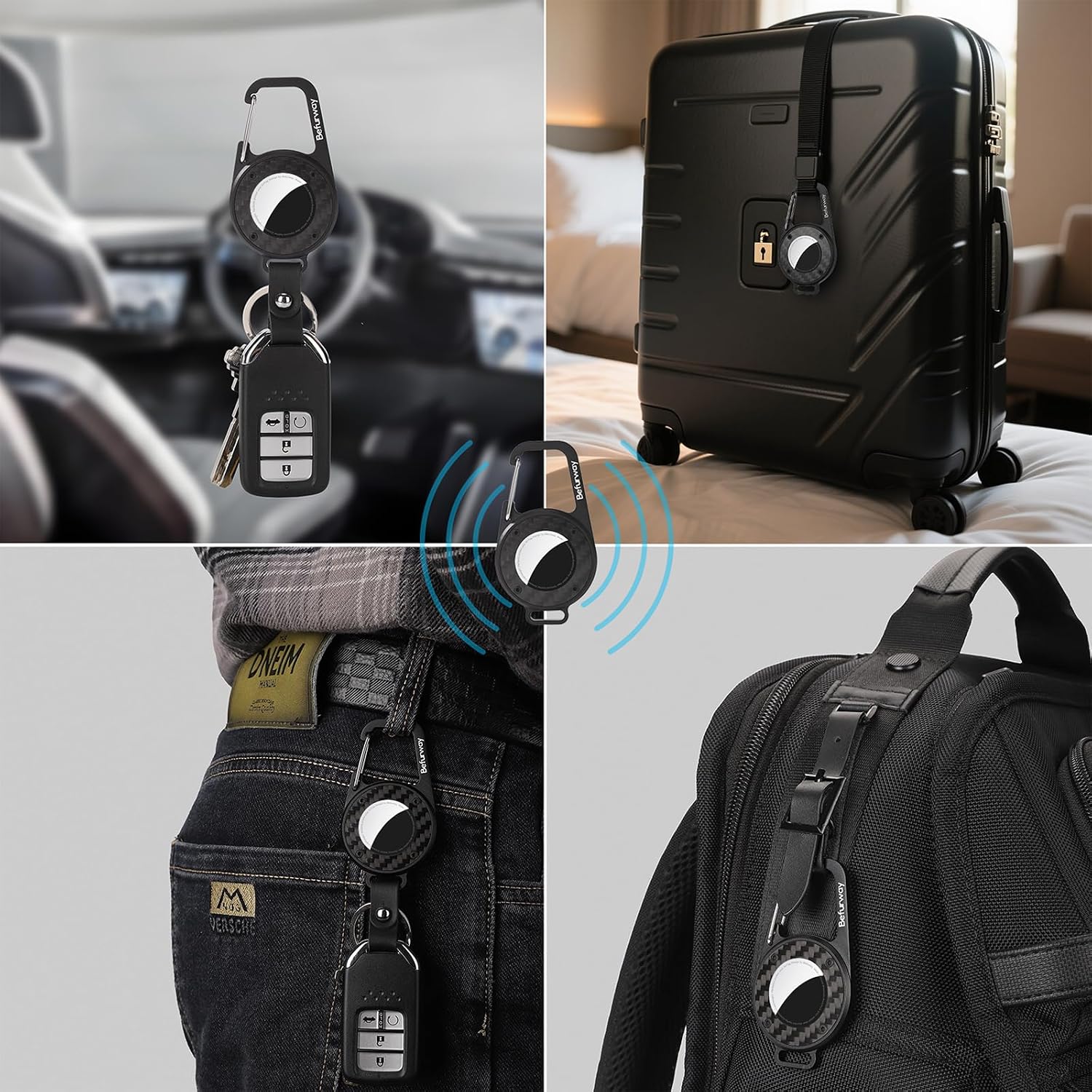 AirTag Keychain Holder, Lockable Carabiner, Premium Leather & Carbon Fiber Case, Heavy Duty Anti-Lost Cover Compatible with Apple AirTag for Keys, Luggage, Backpack, Dog Collar & Travel