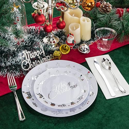 Miniatura 6 de 175 platos de plástico de Navidad, platos de plástico blanco y plateado para 25 invitados, incluye 50 platos de plástico, 25 cuchillos, 25 cucharas,