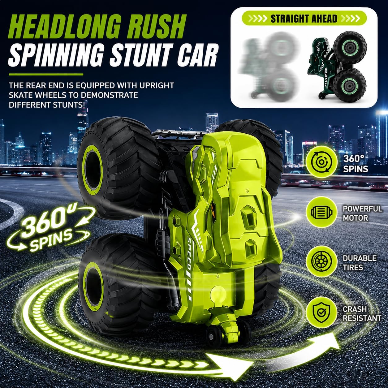 pinkking Monster Truck Toys Remote Control Dinosaur Truck with Light & Sound & Spray, 1:18 RC Truck with 360° Spins and Drifting, 4WD Remote Control Vehicle USB Type-C Charging for Boys Gift, Green image 2