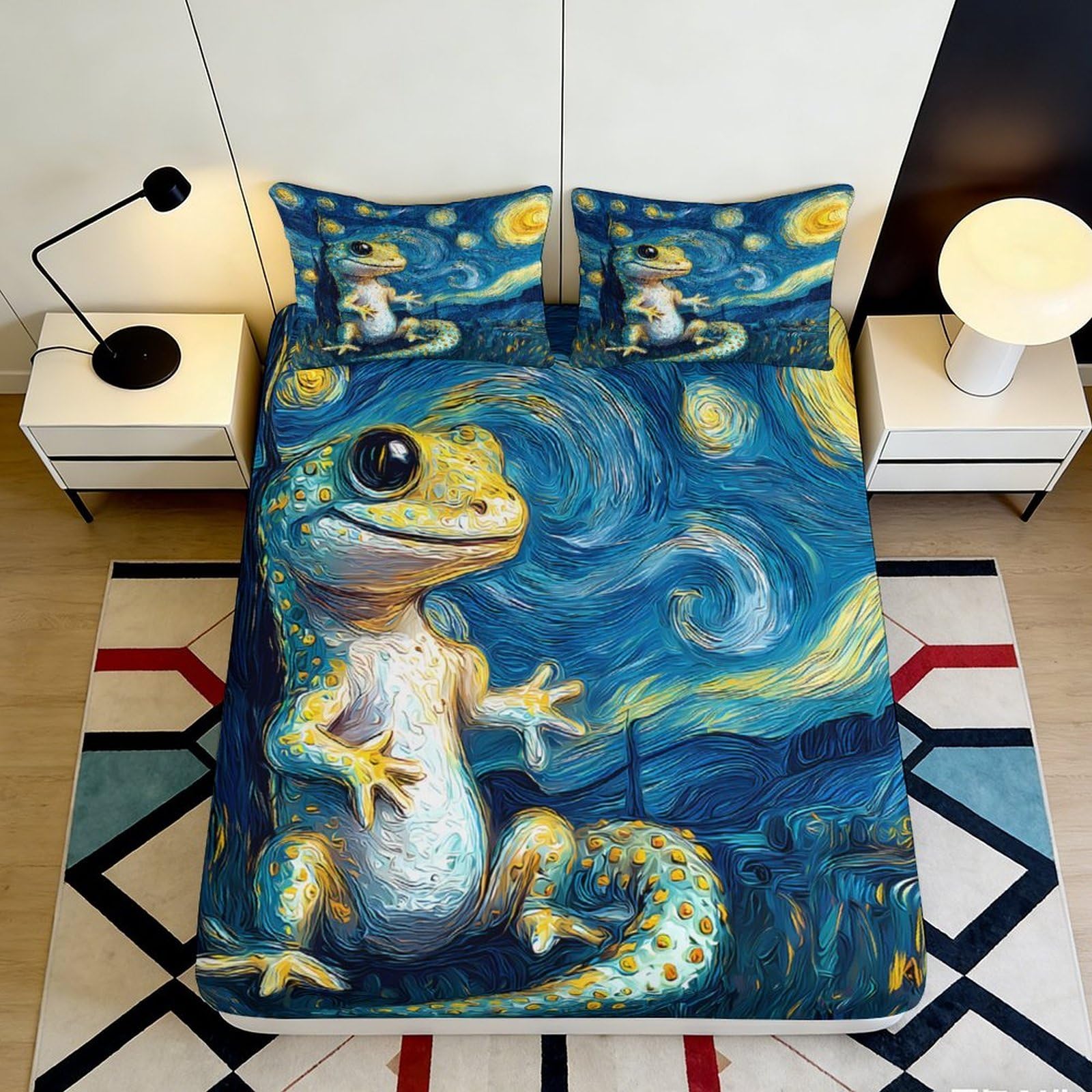 3D Printed Starry Night Gecko Fitted Sheet Microfiber Soft Artistic Mattress Cover for Bedroom Guest Room Dorm 90x200x25cm