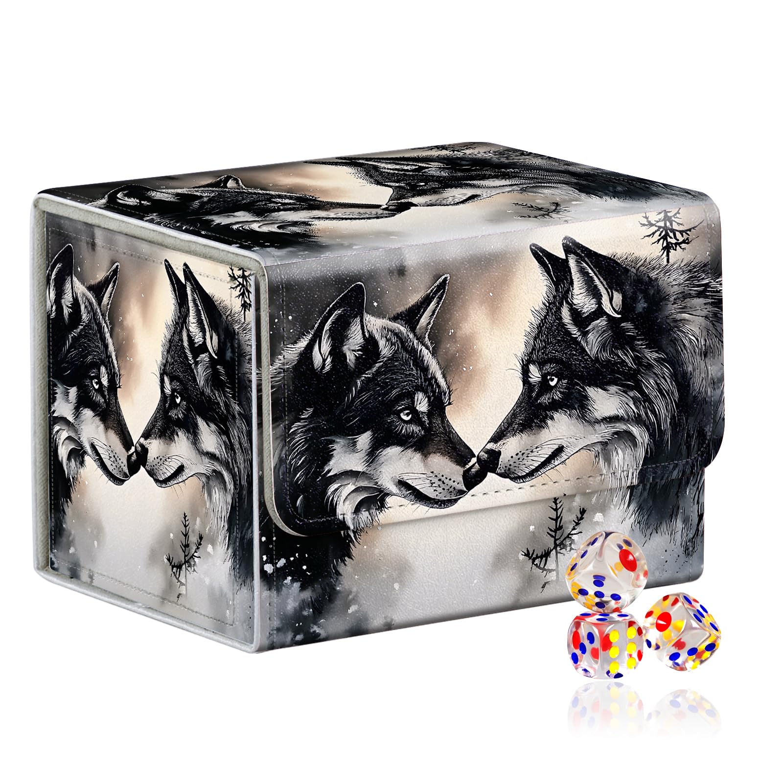 VOGDMKJG Trading Card Deck Box Fit 100+ Single Sleeved Cards,PU Leather Magnetic Closure Card Storage Box With 3 Dice For MTG/TCG/PTCG/Magic/Sport Card Storage Case Horizontal Design Black Wolf