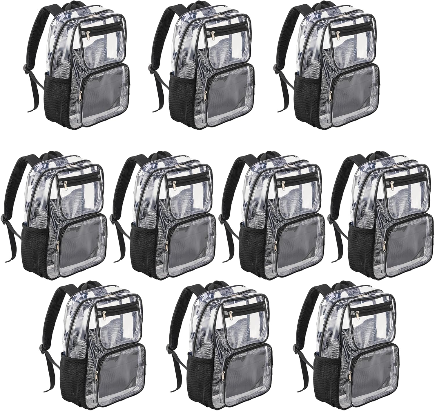 10packs Bulk Clear black backpack with laptop compartment large for kids school see through transparent plastic stadium approved teen toddler