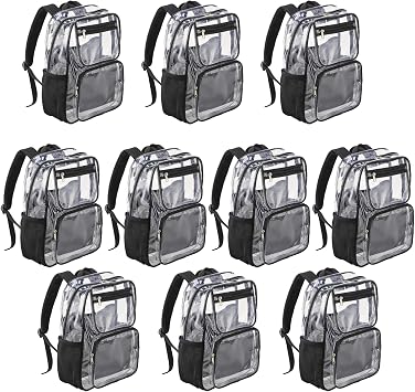 BORMELUN 10packs Bulk Clear black backpack with laptop compartment large for kids school see through transparent plastic stadium approved teen toddler