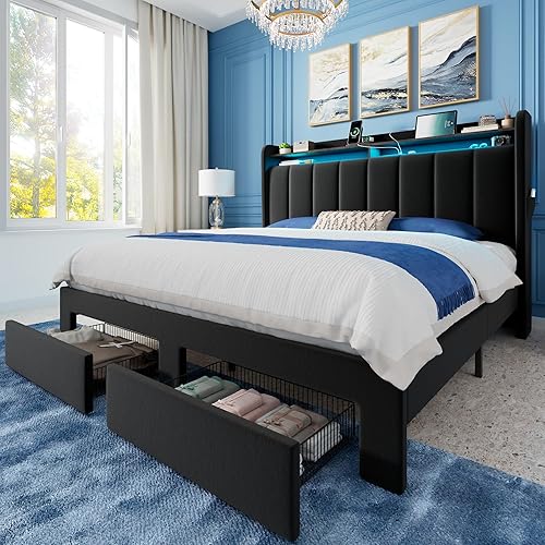 Allewie - Base de cama con plataforma de tamaño Queen, tapizada en terciopelo con diseño acolchado vertical, cabecera con 2 niveles y almacenamiento