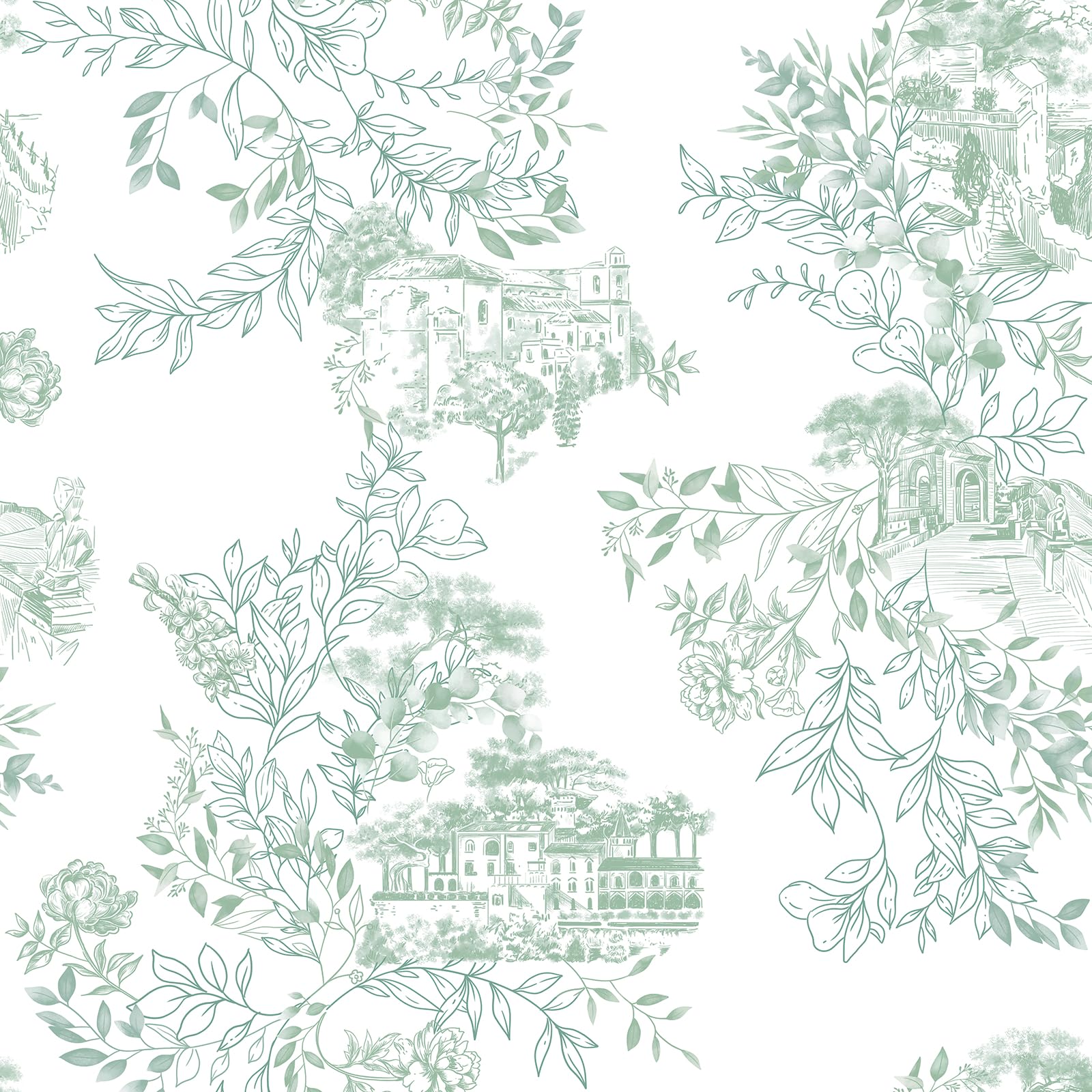 CiCiwind Self Adhesive Wallpaper Green White Floral Vinyl Wrap 44cm×10m Vintage Peel and Stick Wallpaper Waterproof Sticky Back Plastic Rustic Contact Paper for Living Room Bedroom