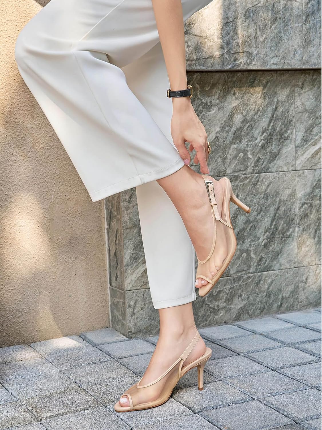 Coutgo Womens Slingback High Heels Open Peep Toe Mesh Sandals Buckle Wedding Party Dress Shoes - Image 2