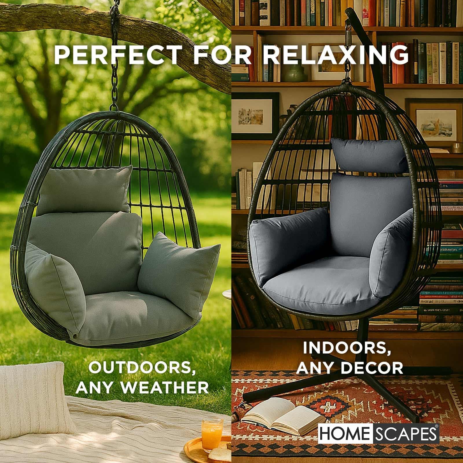 HOMESCAPES Cojín de lujo para silla de columpio, cojín colgante impermeable con reposacabezas y lazos extraíbles, almohada gruesa y afelpada para columpios de toldo, hogar, jardín, patio, uso interior