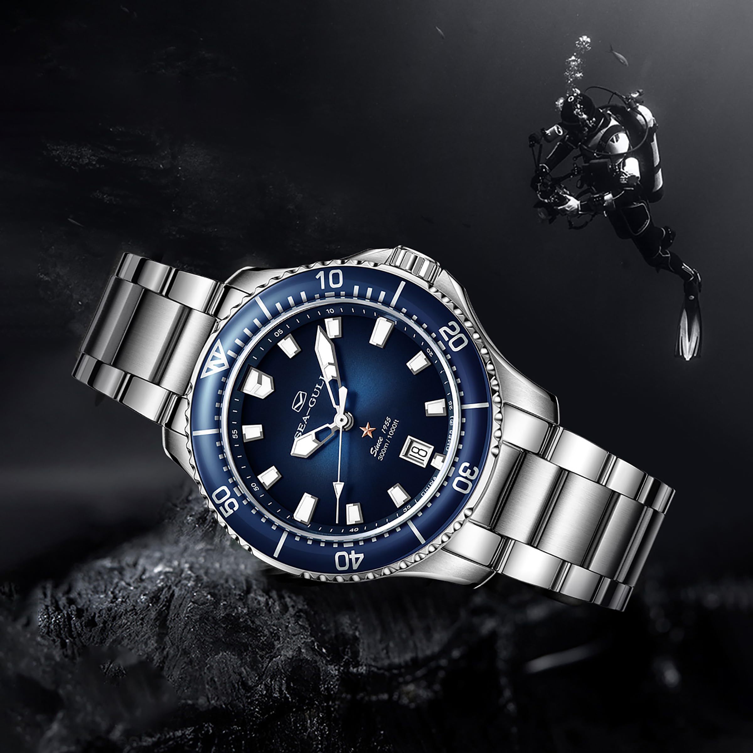 SEA-GULL Automatische mechanische Taucheruhr für Herren, Edelstahl, wasserdicht, Business-Kleid, leuchtender Kalender, Armbanduhren, 41 mm, Ocean Serie PRO