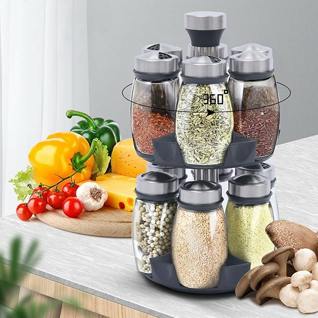 2-Layer Revolving Spice Rack with 12 Glass Sealed Bottle,Spice Jars Kitchen Housewares Spice Storage