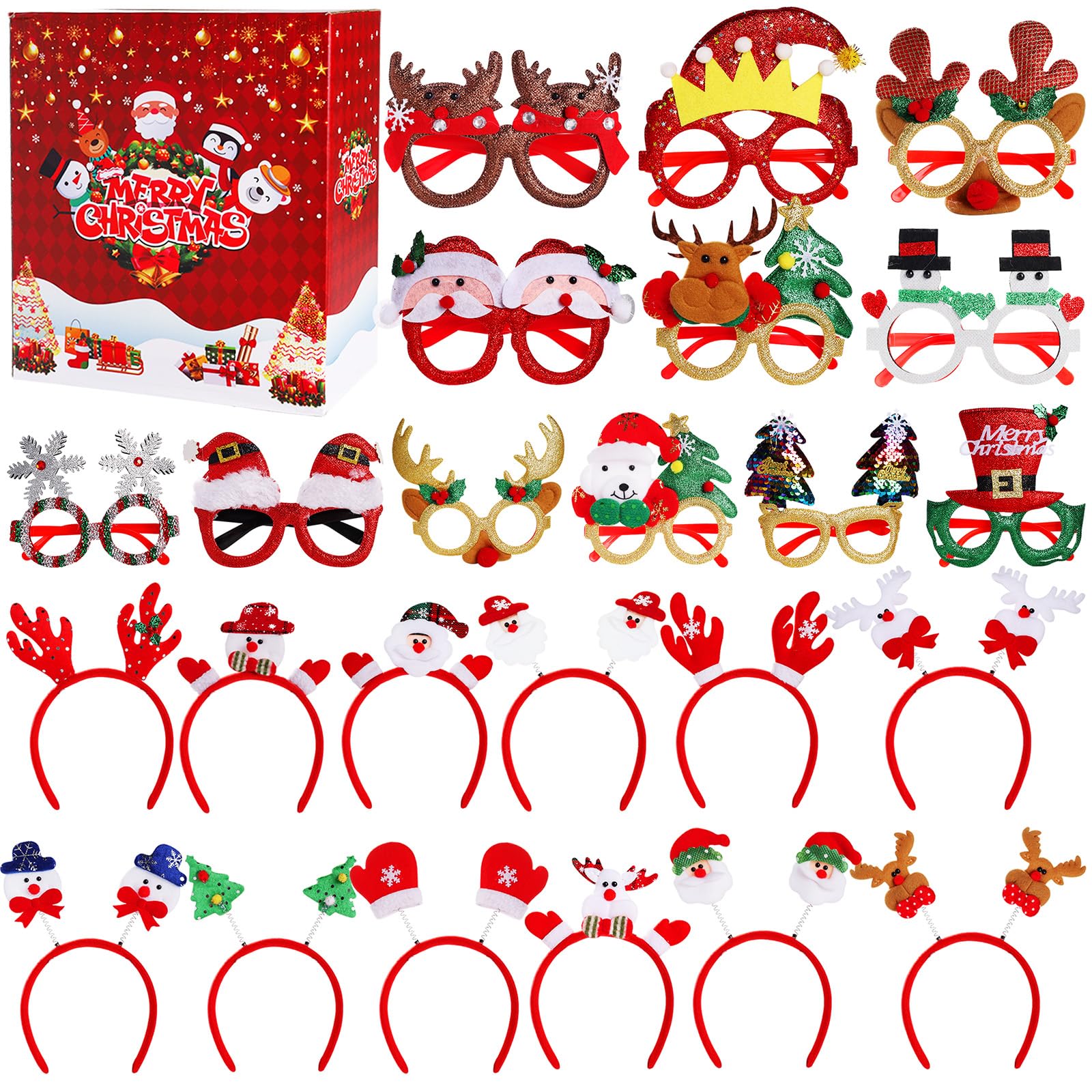 Set di 24 cornici per occhiali natalizi e fasce per capelli, accessori per feste di Natale, accessori per servizi fotografici
