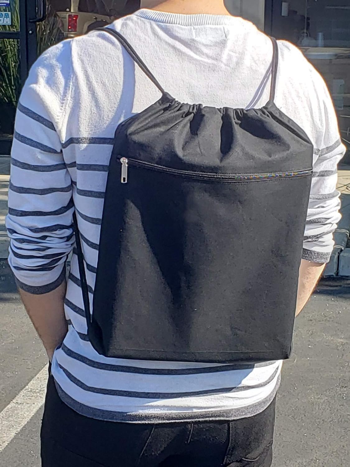 TBF Cotton Canvas Drawstring Backpack with Zippered Front Pocket Cinch Sack Pull String Sport Bags for Gym, Hike, Men Women Kids Bags (Black, Set of 12)