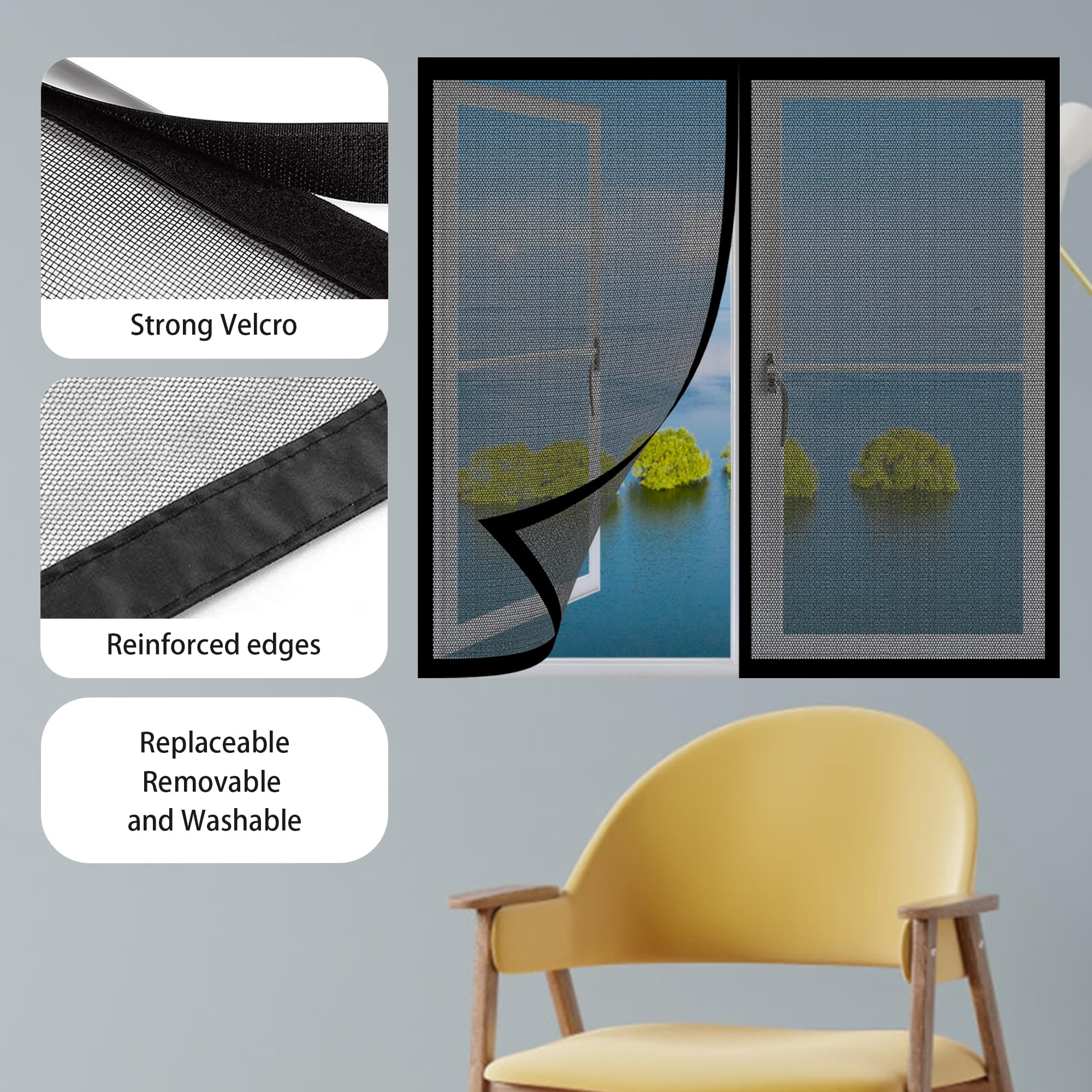 Fliegengitter Fenster Magnete 215 x 200 cm Insektenschutz Fliegenschutz Fenster Mückengitter Ohne Bohren Auto Schließen Faltbar für Terrasse Schlafzimmer Usw., Schwarz