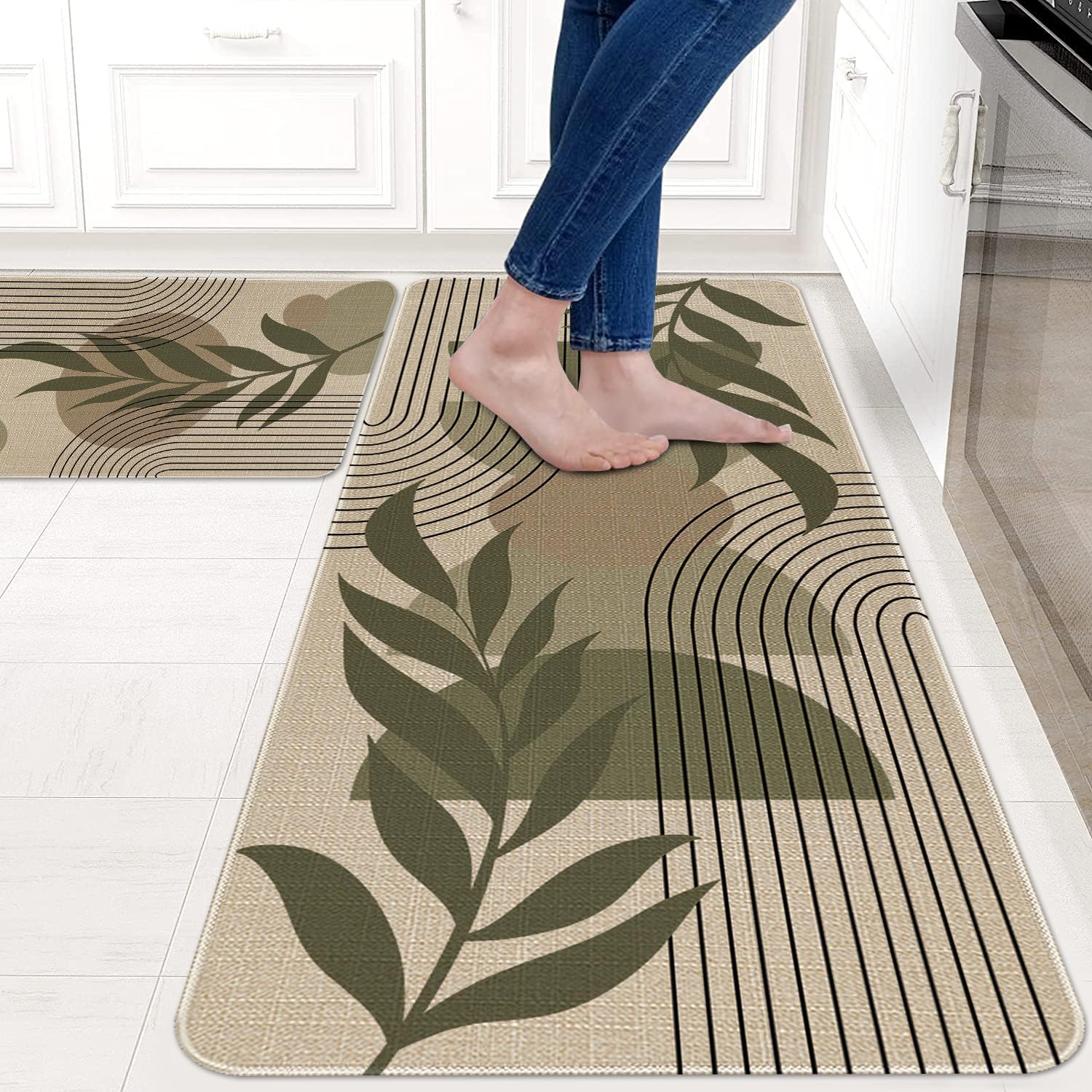 Green Mid Century Modern Kitchen Rugs and Mats Set of 2,Boho Farmhouse Style Abstract Tropical Leaf Kitchen Mat for Floor,Non-Slip Washable Kitchen Sink Mats Decor Doormat+Runner Rug