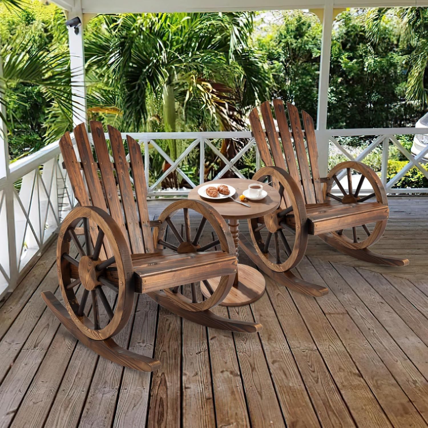 Amazon.com : FURNDOOR Wooden Wagon Wheel Rocking Chair Set, 3PCS ...