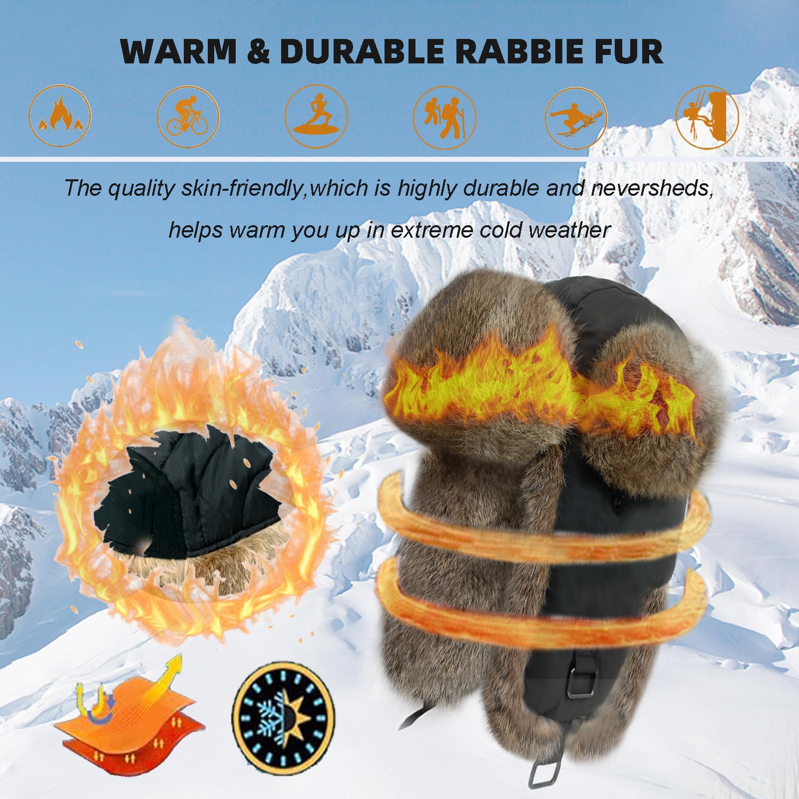 HEYANN Russian Hut Fliegermütze Herren, Kaninchenfell Ushanka Russenmütze Wintermütze Trappermütze Herren Fuzzy Winter Fellmütze mit Ohrenklappen Warme Russenmütze Mütze