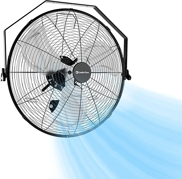 Comfort Zone 20-Inch Industrial Wall Mount or Floor Fan, 3-Speed All-Metal Fan with Adjustable Angle & Steel Mounting Bracket – Heavy-Duty Garage, Workshop, or Warehouse Fan, Black