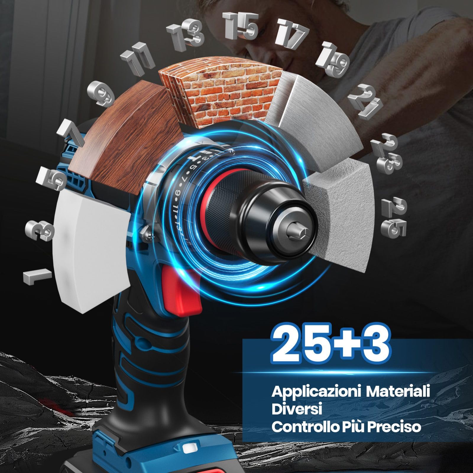 Trapano A Percussione 21V, Trapano Avvitatore Batteria con 2 Batterie 2,0Ah, Avvitatore a Batteria Coppia Massima di 45Nm, 2 Velocità, 25+3 Coppia, 10mm Morsa, Set di Accessori 29 Pezzi con Valigetta
