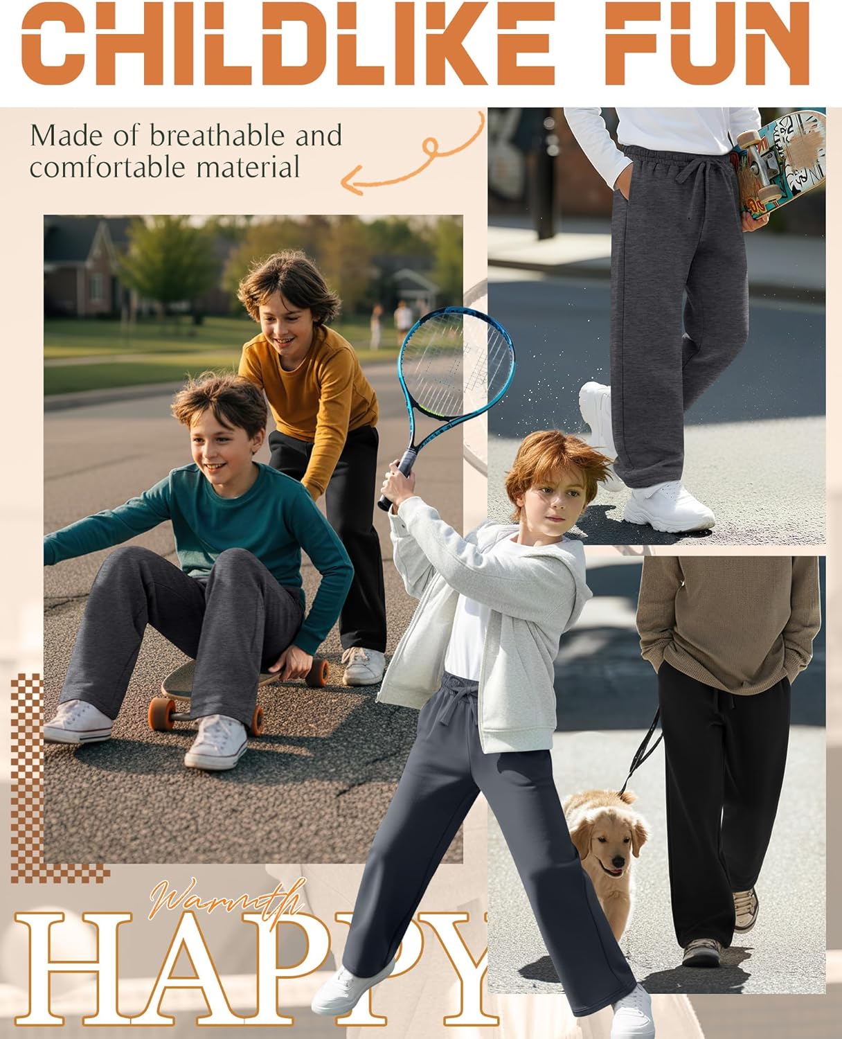 3 Pack Boy's Sweatpants Straight Leg Athletic Open Bottom Pants High Waisted Drawstring Active Joggers with Pockets - Image 5