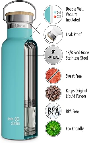 Miniatura 8 de Botella de agua aislada al vacío de doble pared con tapa de pajilla y tapa deportiva, termo de acero inoxidable para niños simple, sin BPA,