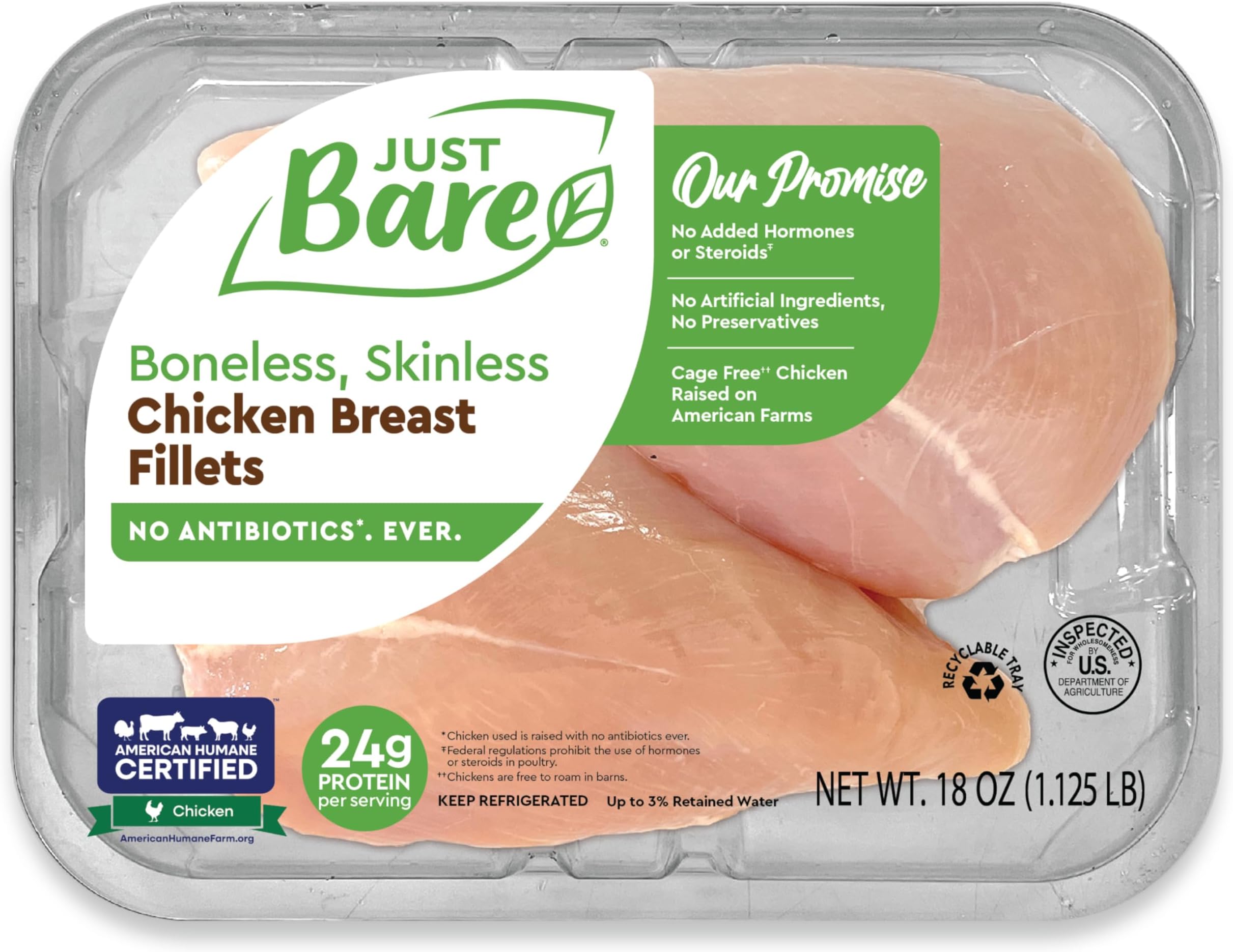Just Bare® Natural Fresh Chicken Breast Fillets | No Antibiotics Ever | Boneless | Skinless | 1.125 LB
