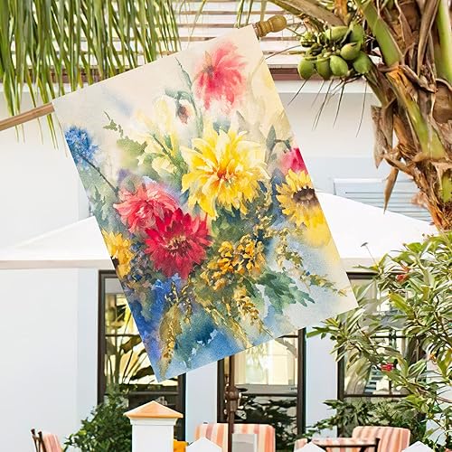 Miniatura 2 de Bandera de acuarela de temporada de verano y primavera, flores coloridas de dalias para casa, 28 x 40 pulgadas, banderas de bienvenida de doble cara