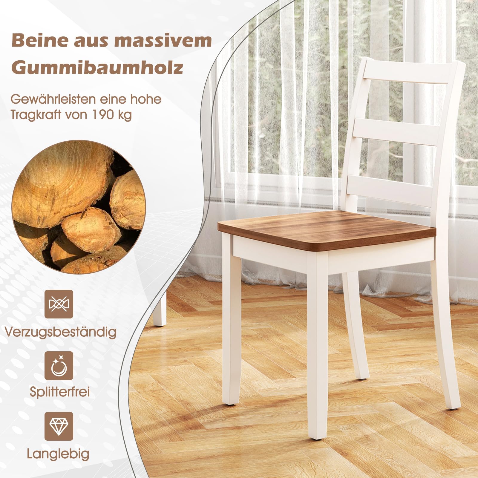 COSTWAY Esszimmerstühle 2er Set, Küchenstühle Holz, Esstisch Stühle, Holzstühle bis 190 kg belastbar, für Esszimmer, Küche (Braun + Weiß)