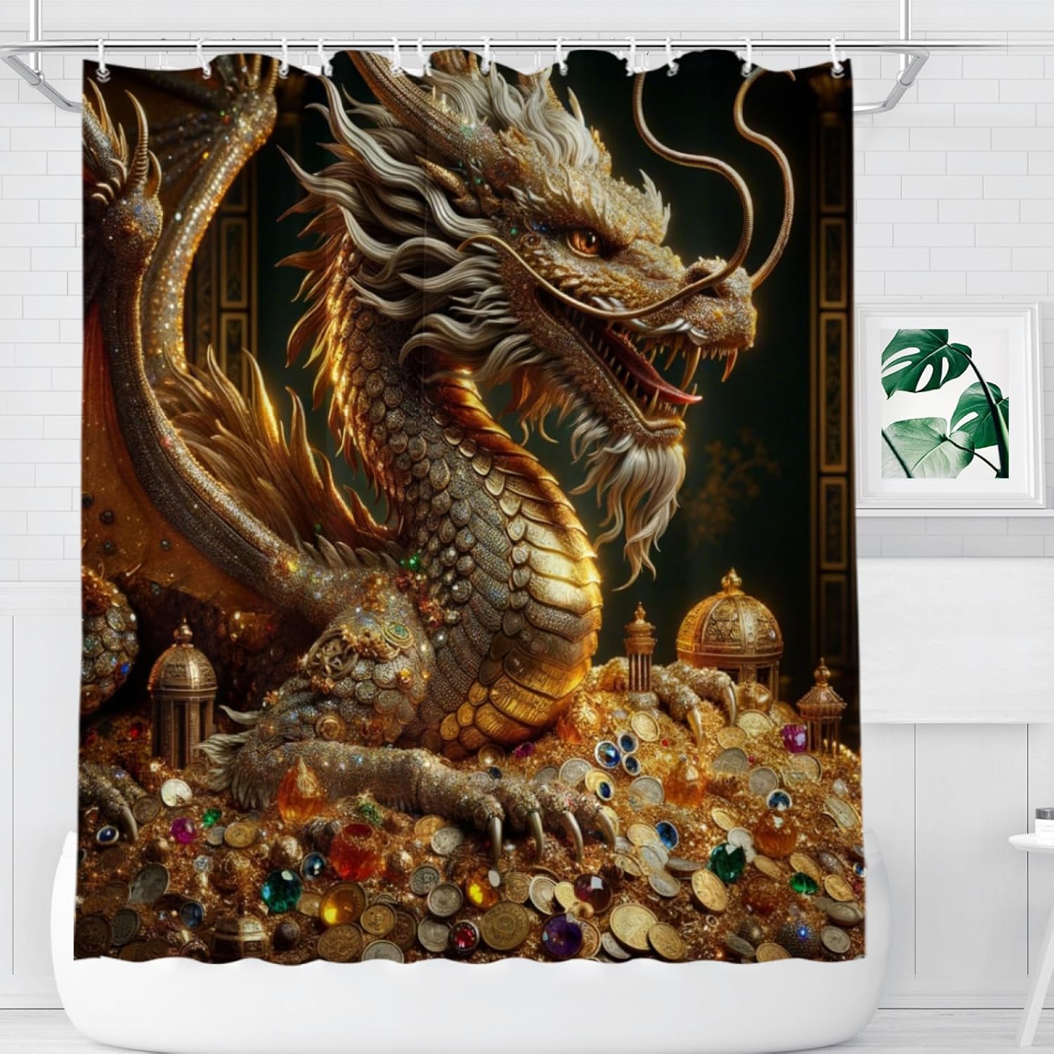 Dragon Shower Curtain Set, Magic Fantasy Animal Mythical Dragon Gold Treasure Home Bathroom Curtain Decor Fabric Waterproof Polyester with 12 Hooks 60x72Inch（152x183cm）