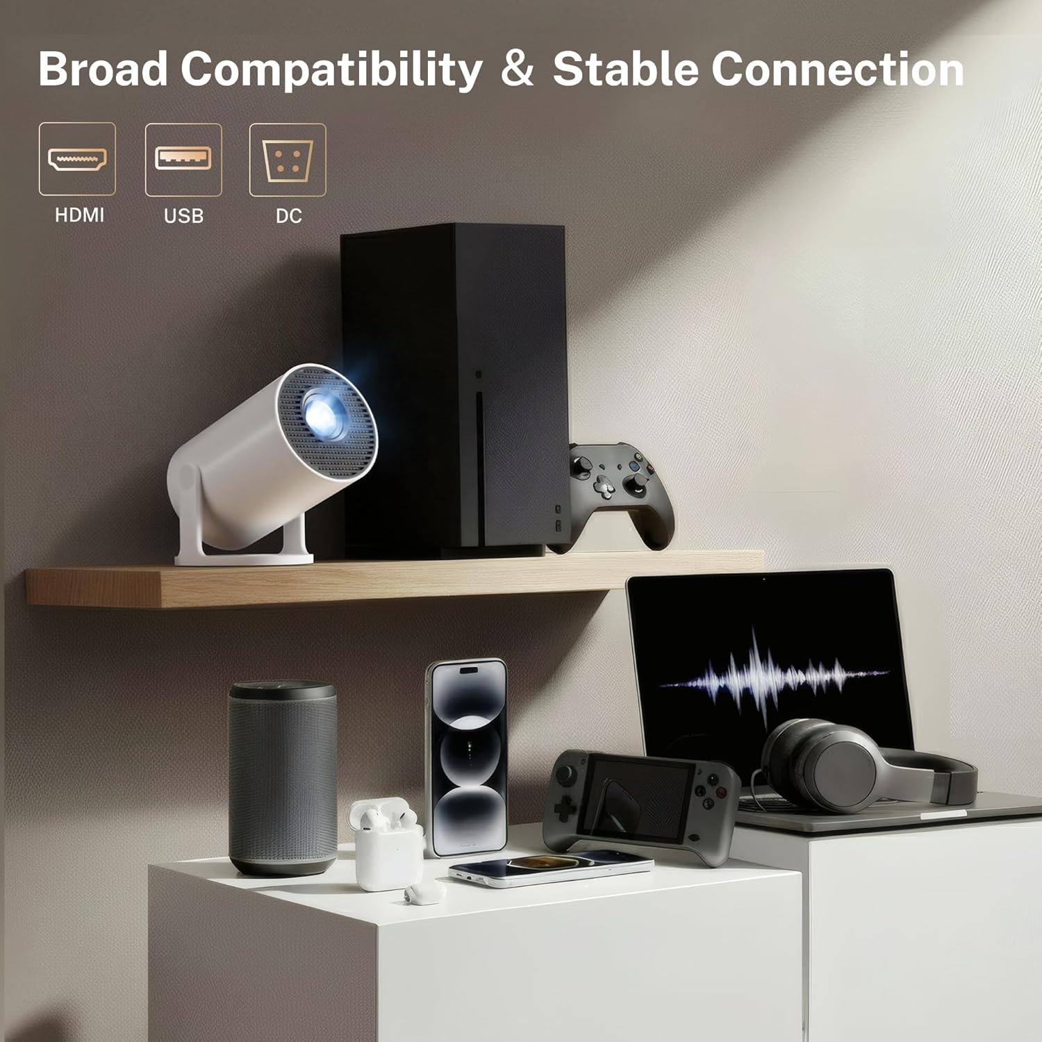 LYNCAST HY300 Pro+ Mini Projector connected to various devices including a gaming console, laptop, smartphone, and headphones, highlighting broad compatibility.