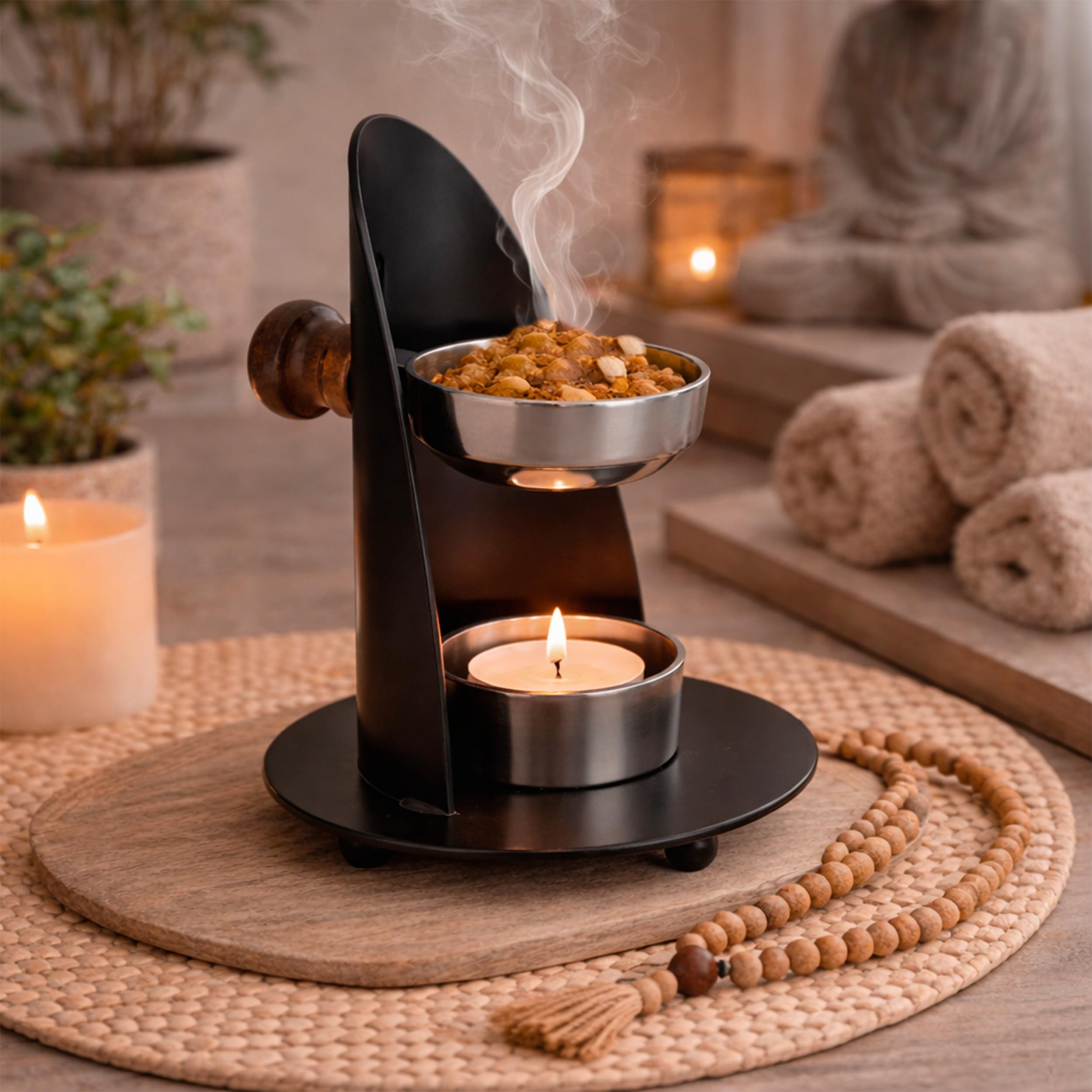 Quemador de Incienso NKlaus Soporte de Incienso Regulable en Altura con Mango de Madera Lacado en Negro Plata para resinas de Incienso e Incienso Modo de Funcionamiento Tea Light 4016