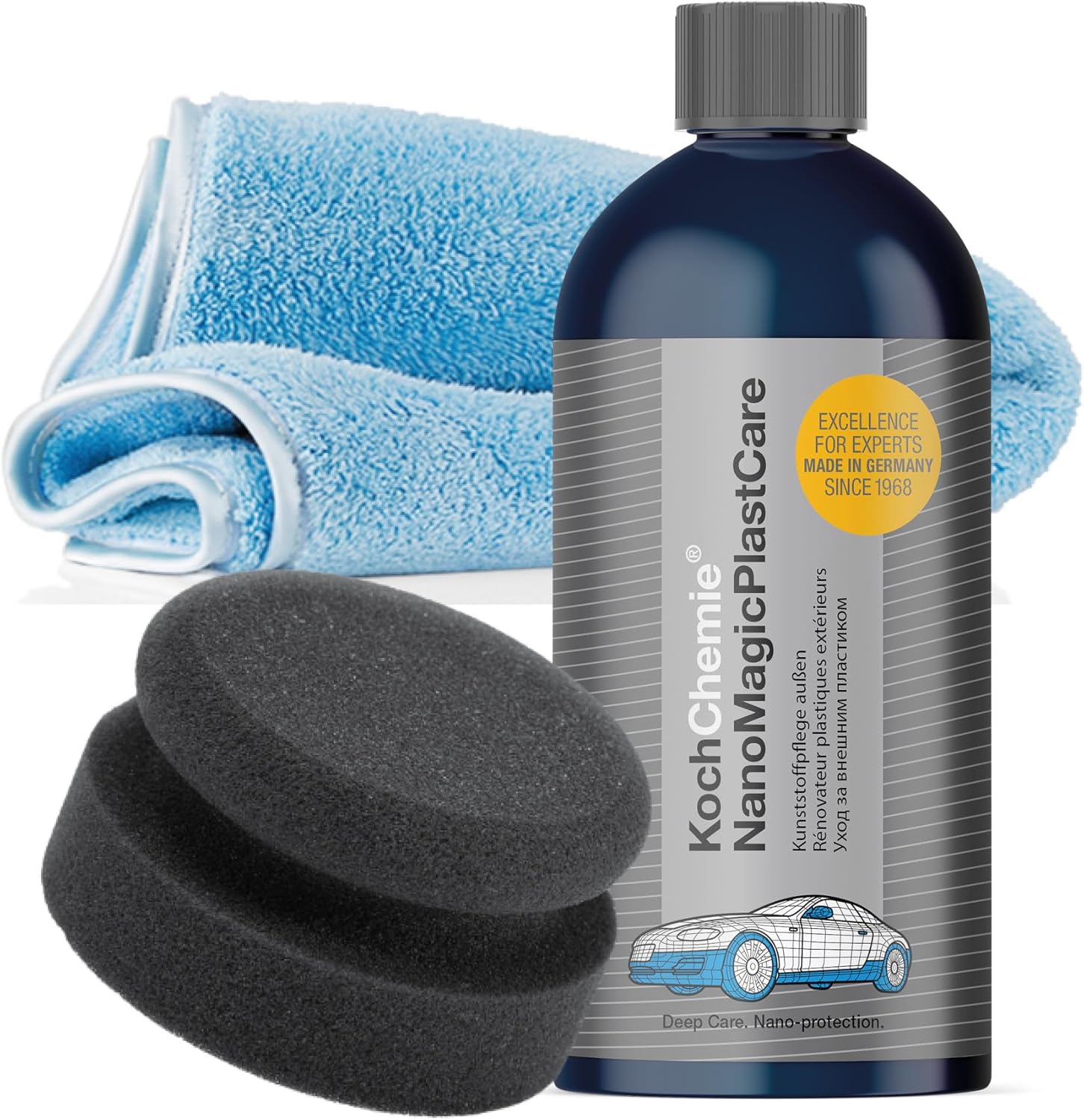detailmate Koch Chemie Kunststoffpflege Set außen: NanoMagic Plastcare Kunststoffpflege 500ml + Handpolierschwamm Soft, feinzellig Ø 90/50mm + detailmate Mikrofasertuch 40x40cm, 550GSM