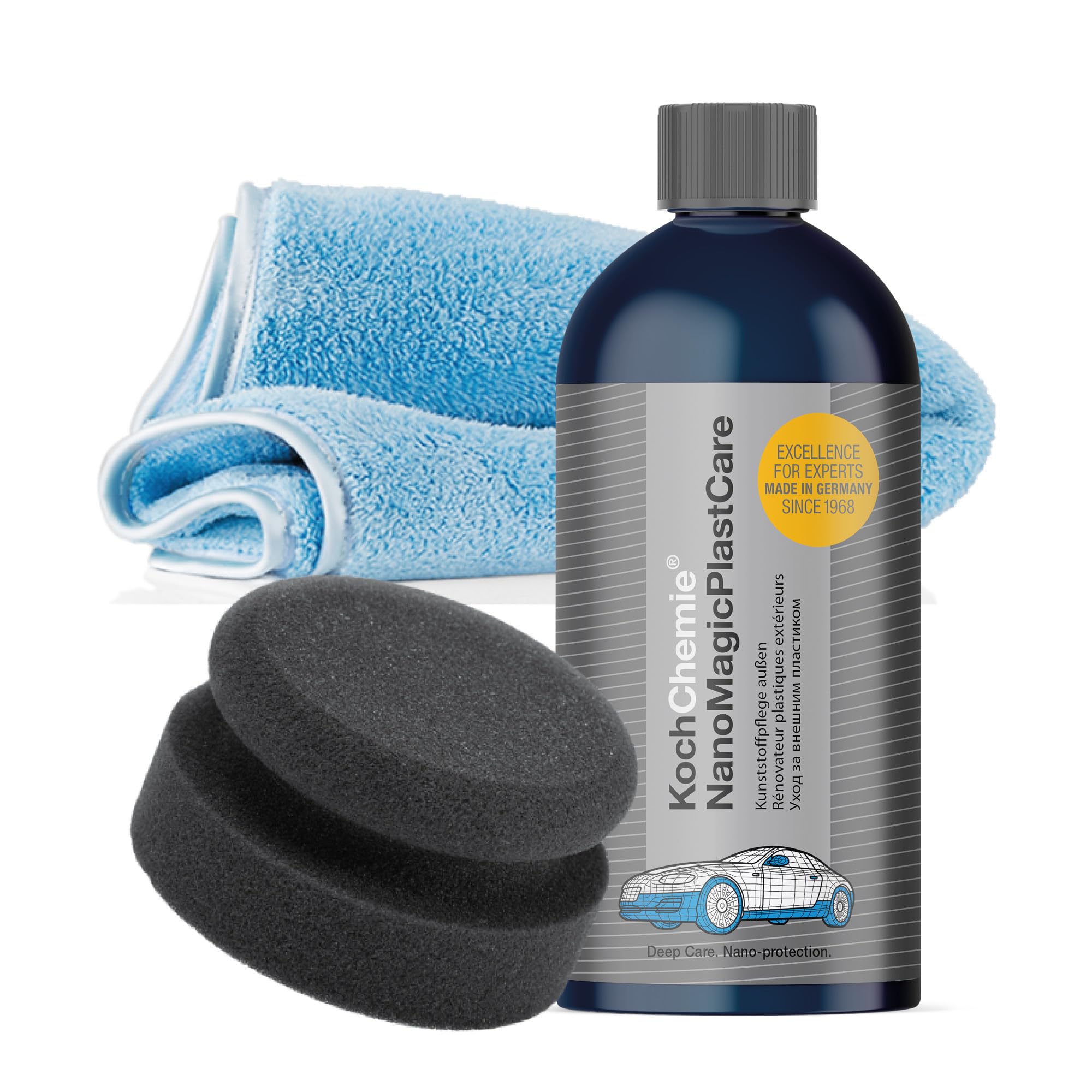 detailmate Koch Chemie Kunststoffpflege Set außen: NanoMagic Plastcare Kunststoffpflege 500ml + Handpolierschwamm Soft, feinzellig Ø 90/50mm + detailmate Mikrofasertuch 40x40cm, 550GSM