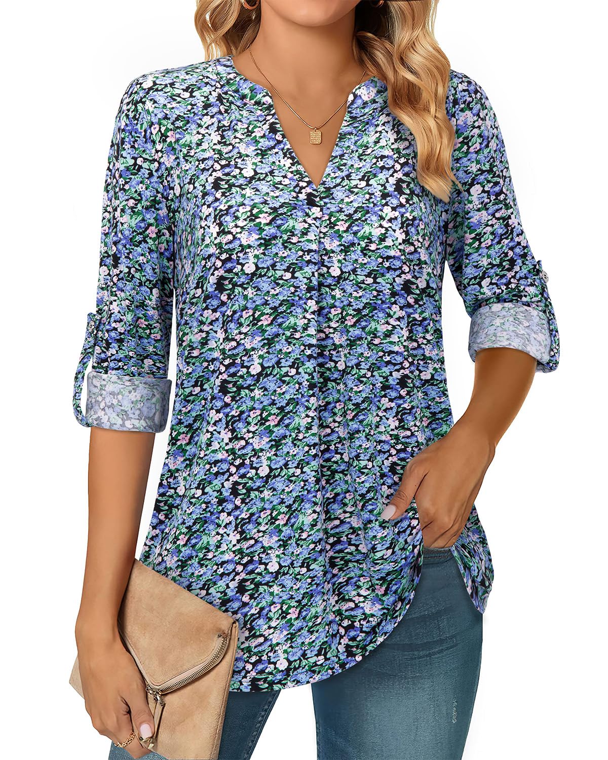 Amrto Longbluse Damen 3/4 Ärmel Bluse V-Ausschnitt Tunika Longshirt Elegant Casual Oberteile Lose Lässig Lange Shirt Outfit für Business Büro