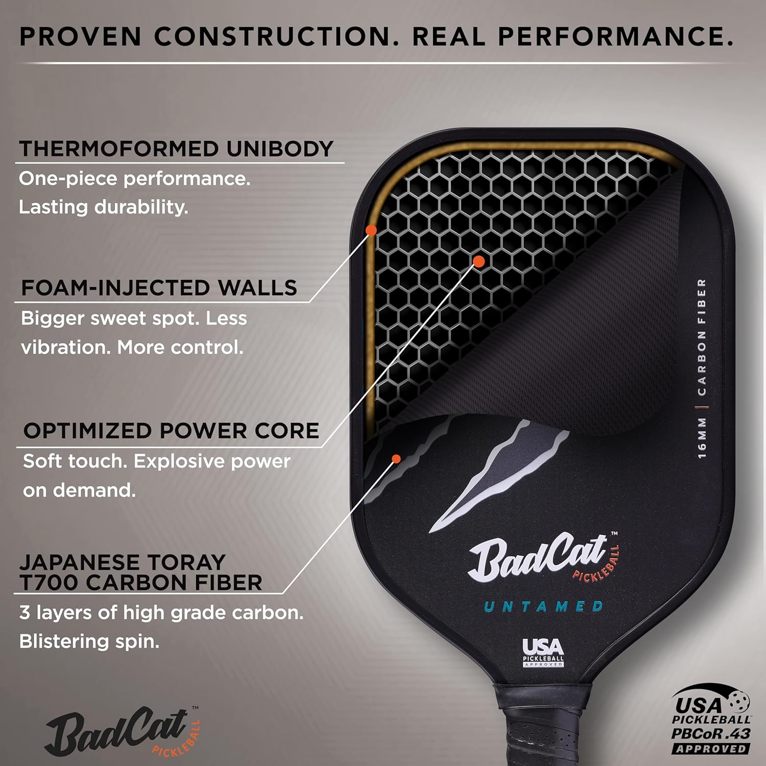 Untamed Paddle - Toray T700 Raw Carbon Fiber | Thermoformed Unibody for Maximum Spin & Control | 16mm Core, Elongated Shape | USAPA Approved | Intermediate to Advanced Players