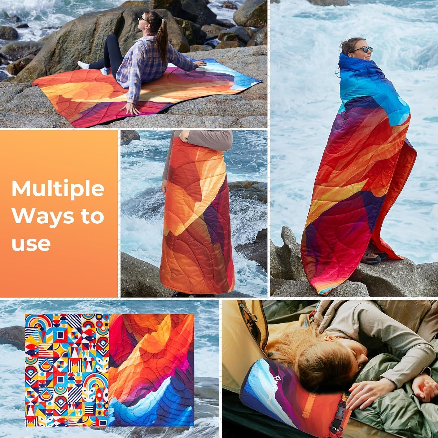 KingCamp Ultralight Camping Blanket, Packable Down Alternative Puffy Printed Wearable Blanket with Snap Buttons & Corner Loops Weatherproof Quilt for Outdoor Travel Stadium (78.7"L x 57.1"W, PEAK)