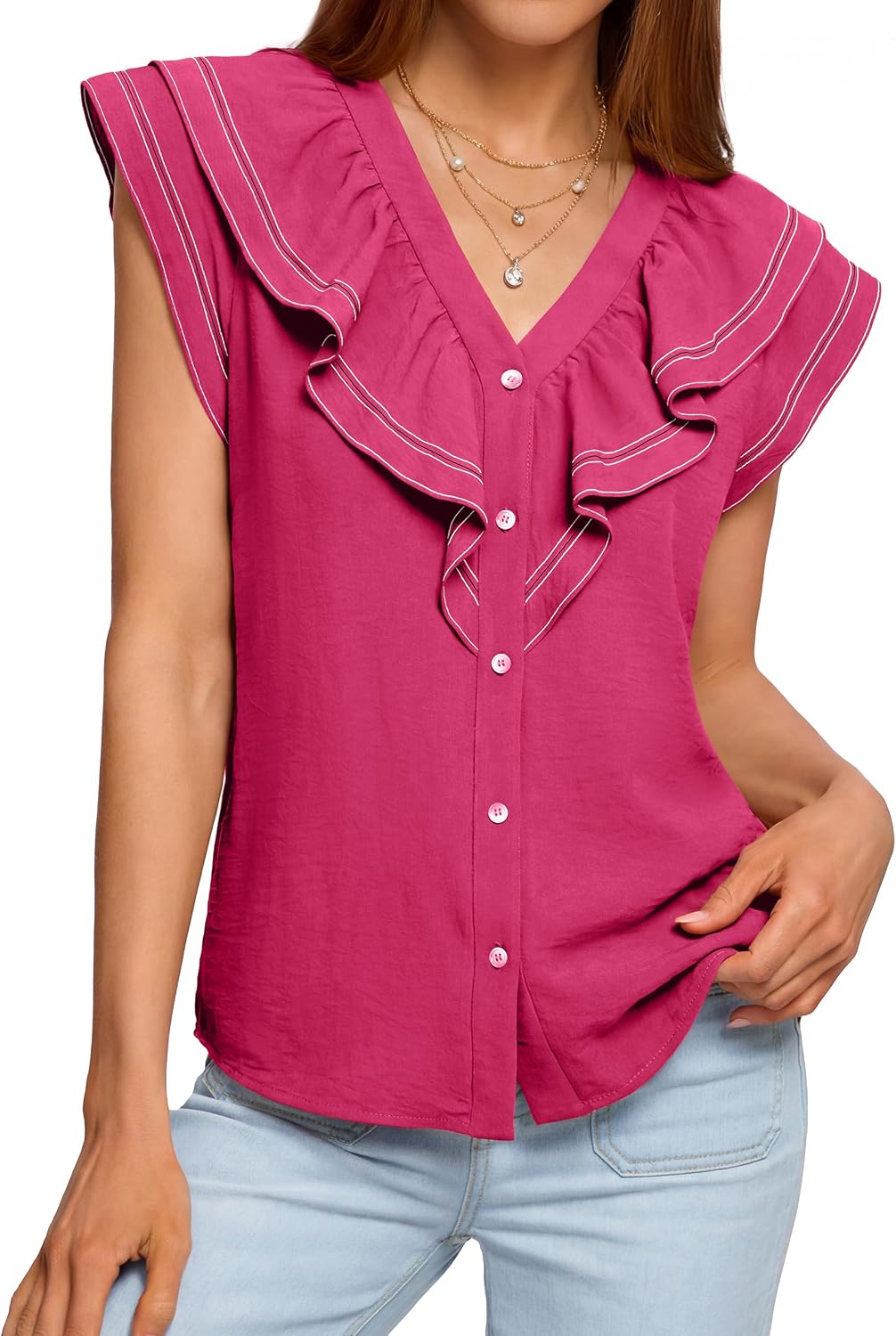 BerryGo Women's Summer Ruffle Button Down Tops Casual Dressy V Neck Blouse Trendy Fashion Cap Sleeve Shirt for Work Vacation