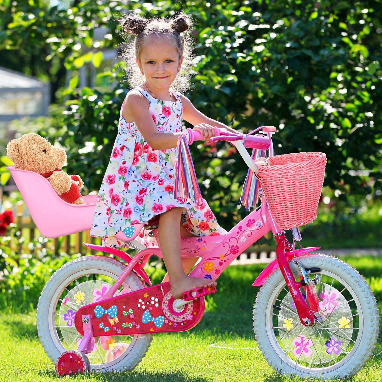 Asiento de bicicleta para muñeca con 30 calcomanías, cesta de bicicleta para niños, manillar de bicicleta, cintas coloridas, borla, margarita, campana de bicicleta para niñas, niños, 6
